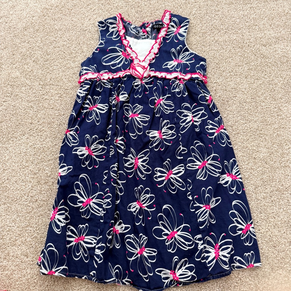 George Floral Sleeveless Dress Kids Size 7 Navy Blue Ruffle GG13D303